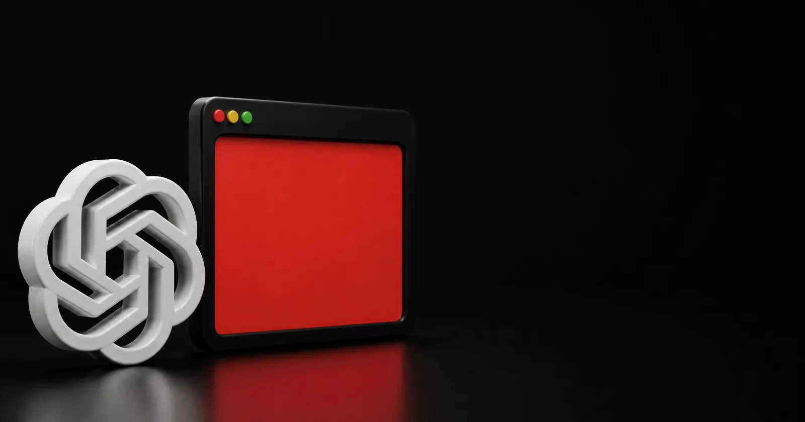 The ChatGPT logo as a white 3D object next to an empty browser window with a red screen.