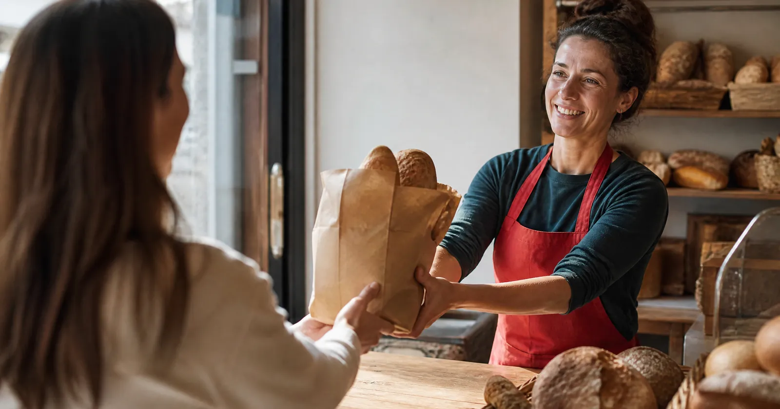 A smiling bakery owner in a red apron hands a paper bag of fresh bread to a customer across the counter.