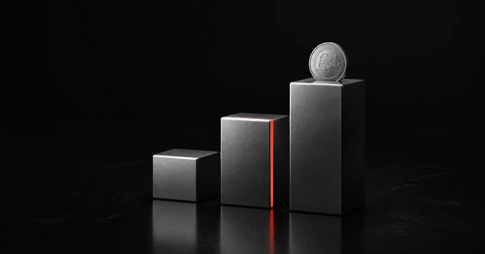 Three brushed-metal blocks rising like pricing tiers, a silver euro coin on the tallest, on a black background.