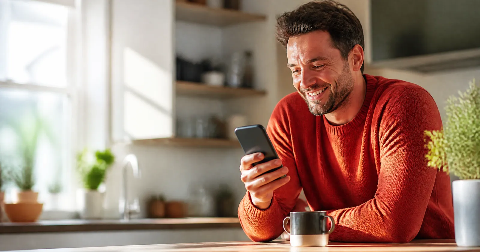 A smiling man in a red sweater books an appointment on his phone in a sunny kitchen.