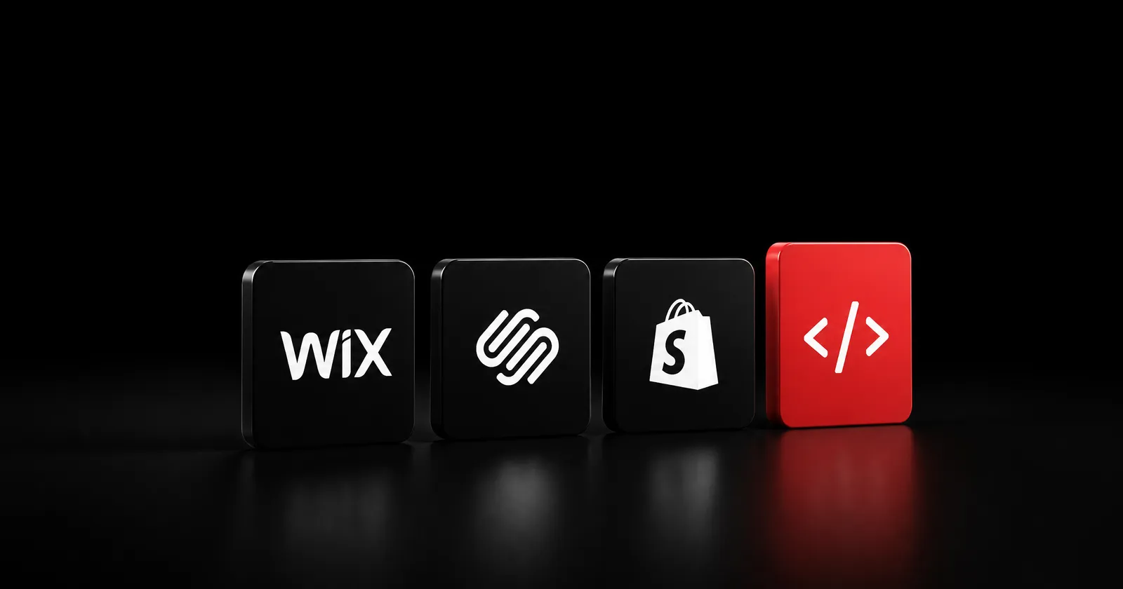Three black tiles with the Wix, Squarespace and Shopify logos next to a taller red tile with a code symbol.